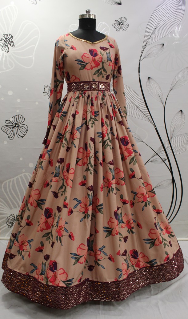 Stylish Crepe Peach Gown With Sequence Belt